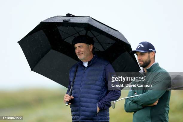 Andy Garcia of The United States the Hollywood actor and his professional partner Adri Arnaus of Spain wait to putt on the third hole during the...