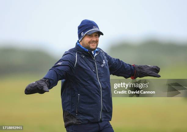 Peter Uihlein of The United States gestures after playing his second shot on the 16th hole during the first round of the Alfred Dunhill Links...