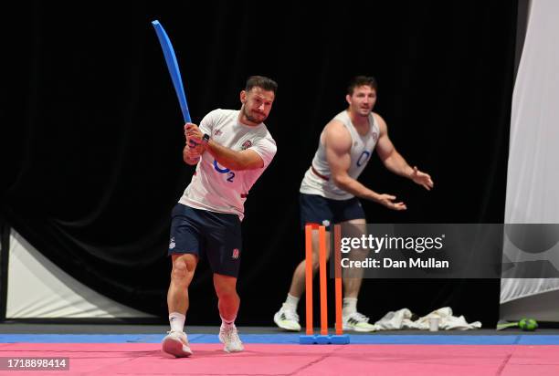 Danny Care of England plays indoor cricket prior to a training session at Stade Ferdinand Petit on October 05, 2023 in Le Touquet-Paris-Plage, France.