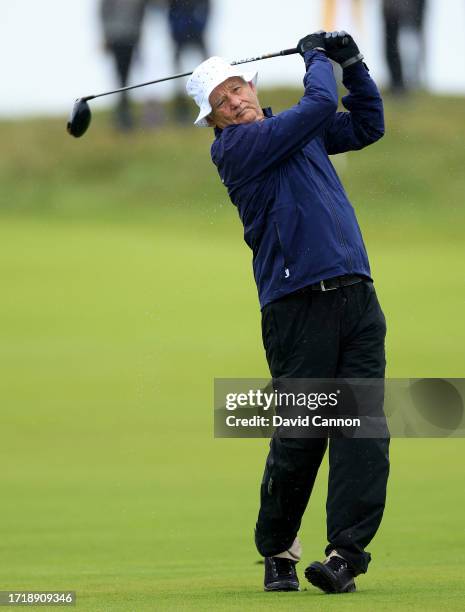 Bill Murray of The United States the Hollywood actor plays a shot during the first round of the Alfred Dunhill Links Championship on the Championship...