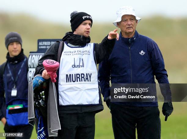 Bill Murray of The United States the Hollywood actor prepares to play a shot during the first round of the Alfred Dunhill Links Championship on the...