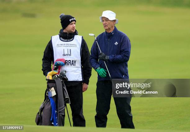 Bill Murray of The United States the Hollywood actor prepares to play a shot during the first round of the Alfred Dunhill Links Championship on the...