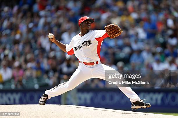 Alfredo Figaro of the Milwaukee Brewers pitches during the game against the Atlanta Braves at Miller Park on June 23, 2013 in Milwaukee, Wisconsin.