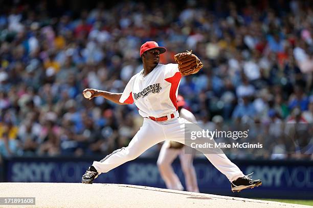 Alfredo Figaro of the Milwaukee Brewers pitches during the game against the Atlanta Braves at Miller Park on June 23, 2013 in Milwaukee, Wisconsin.