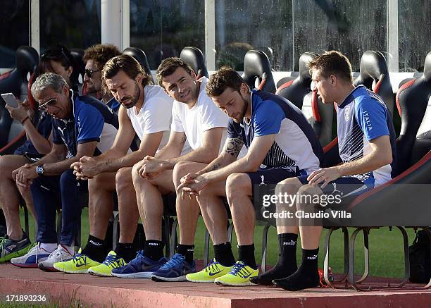 Doctor Enrico Castellacci, Andrea Pirlo, Andrea Barzagli, Claudio Marchisio and Emanuele Giaccherini during an Italy training session at Estadio...