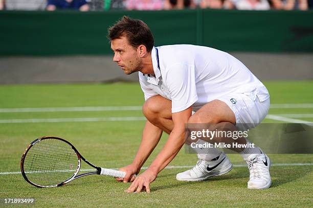 Frederik Nielsen of Denmark in action during their Gentlemen's Doubles second round match between Grigor Dimitrov of Bulgaria and Frederik Nielsen of...