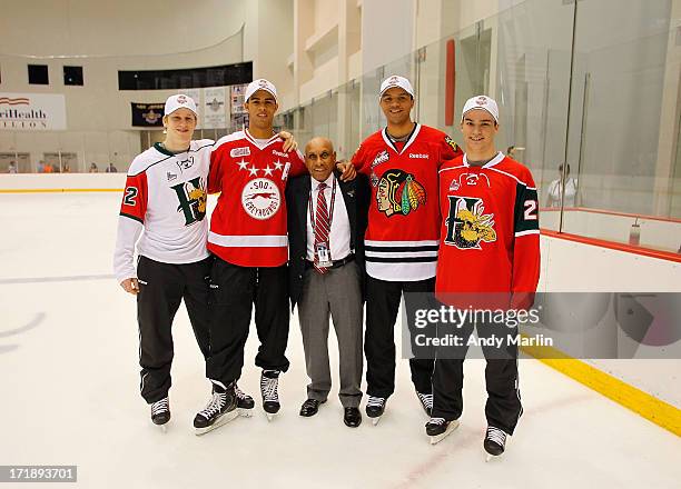 Nathan MacKinnon, Darnell Nurse, Willie O'Ree, Seth Jones and Jonathan Drouin attend the 2013 NHL Draft - Top Prospects Clinic at Prudential Center...