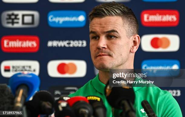 Paris , France - 11 October 2023; Jonathan Sexton during an Ireland Rugby media conference at Stade Omnisports des Fauvettes in Domont, France.