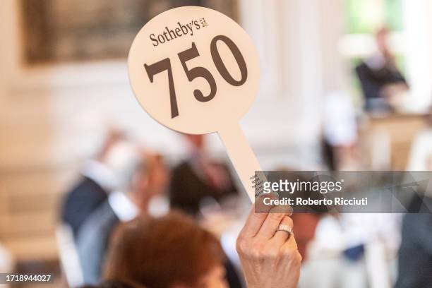 An auction paddle during the Distillers One of One Charity Auction hosted in partnership with Sotheby's on October 05, 2023 in South Queensferry,...