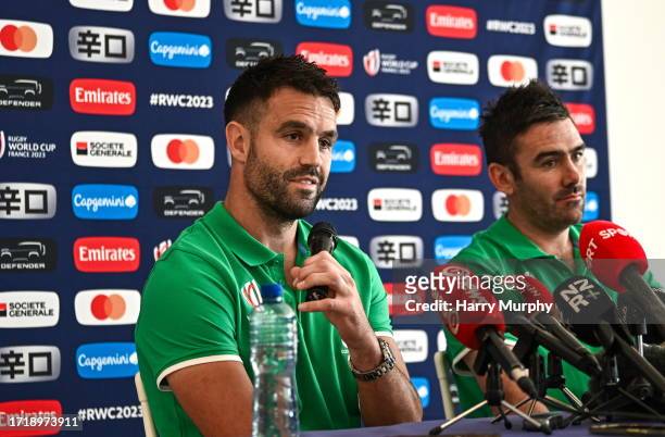 Paris , France - 11 October 2023; Conor Murray, left, and IRFU head of innovation and analytics Vinny Hammond during an Ireland Rugby media...