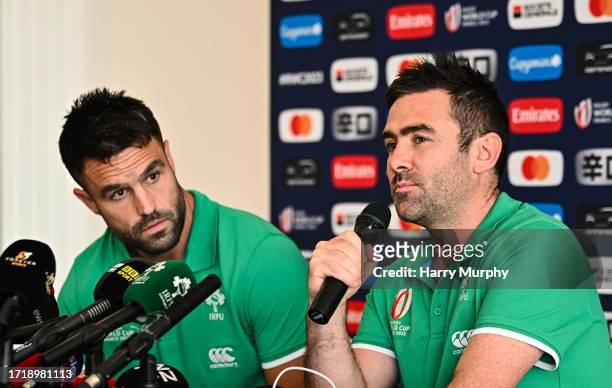 Paris , France - 11 October 2023; IRFU head of innovation and analytics Vinny Hammond, right, and Conor Murray during an Ireland Rugby media...