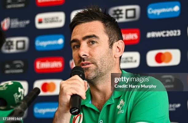 Paris , France - 11 October 2023; IRFU head of innovation and analytics Vinny Hammond Conor Murray during an Ireland Rugby media conference at Stade...