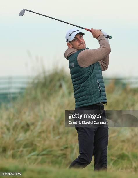 Gareth Bale of Wales the former international soccer player plays his second shot on the second hole during the first round of the Alfred Dunhill...