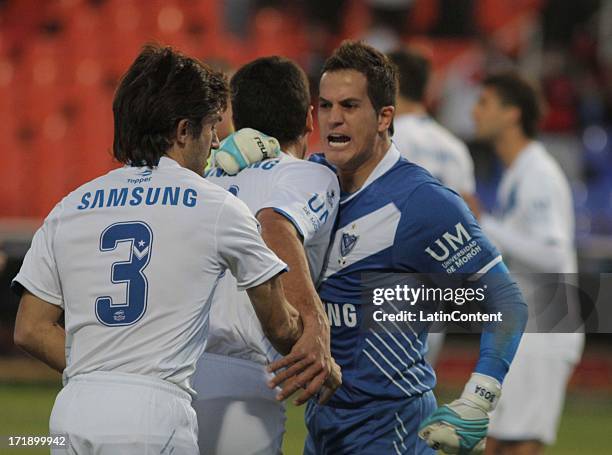 Sebastian Sosa and Emiliano Papa of Velez Sarsfield celebrate a goal during a match between Velez Sarsfield and Newell's Old Boys as part of the...