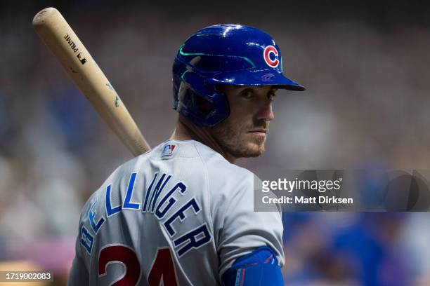 Cody Bellinger of the Chicago Cubs looks on in a game against the Milwaukee Brewers at American Family Field on September 30, 2023 in Milwaukee,...