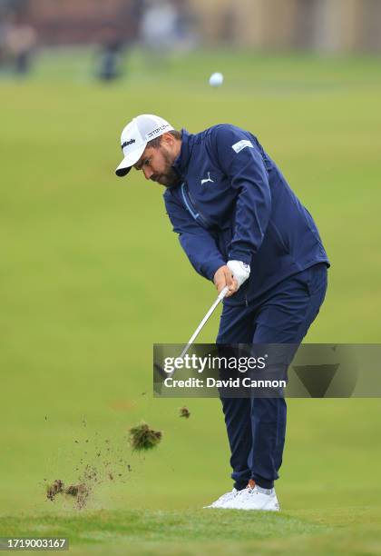 Romain Langasque of France the former international soccer player plays his second shot on the first hole during the first round of the Alfred...