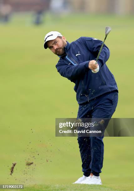 Romain Langasque of France the former international soccer player plays his second shot on the first hole during the first round of the Alfred...