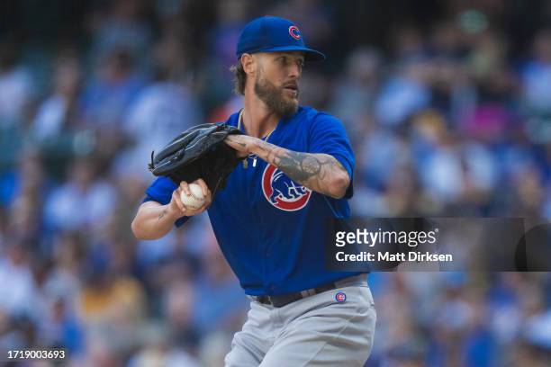 Shane Greene of the Chicago Cubs pitches in a game against the Milwaukee Brewers at American Family Fields on October 1, 2023 in Milwaukee, Wisconsin.
