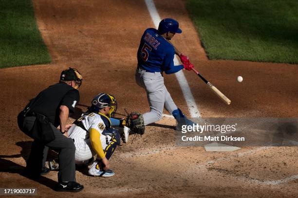 Christopher Morel of the Chicago Cubs bats in a game against the Milwaukee Brewers at American Family Fields on October 1, 2023 in Milwaukee,...