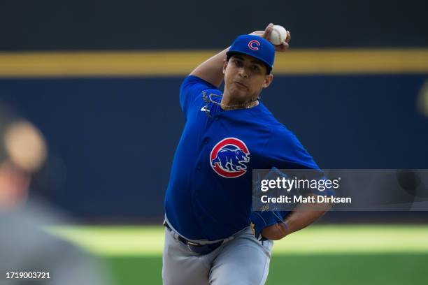 Daniel Palencia of the Chicago Cubs pitches in a game against the Milwaukee Brewers at American Family Fields on October 1, 2023 in Milwaukee,...