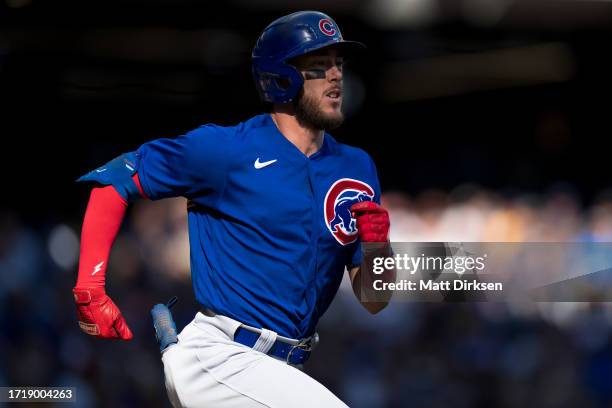 Miles Mastrobuoni of the Chicago Cubs runs to first base in a game against the Milwaukee Brewers at American Family Fields on October 1, 2023 in...