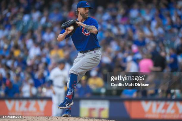 Shane Greene of the Chicago Cubs pitches in a game against the Milwaukee Brewers at American Family Fields on October 1, 2023 in Milwaukee, Wisconsin.