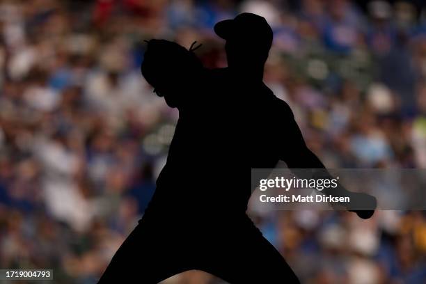 Silhouette of Drew Smyly of the Chicago Cubs as he pitches in a game against the Milwaukee Brewers at American Family Fields on October 1, 2023 in...