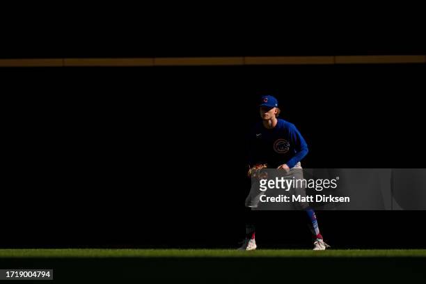 Pete Crow-Armstrong of the Chicago Cubs plays center field in a game against the Milwaukee Brewers at American Family Fields on October 1, 2023 in...