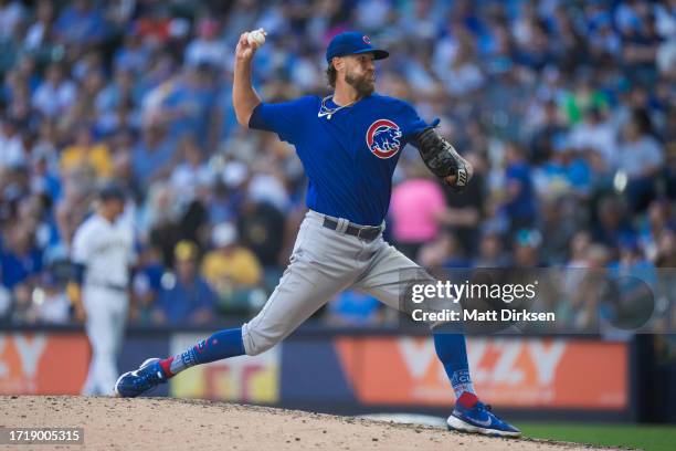 Shane Greene of the Chicago Cubs pitches in a game against the Milwaukee Brewers at American Family Fields on October 1, 2023 in Milwaukee, Wisconsin.