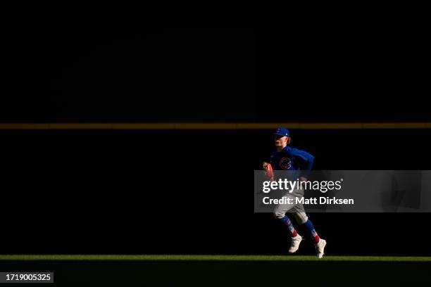 Pete Crow-Armstrong of the Chicago Cubs jogs in the center field during a game against the Milwaukee Brewers at American Family Fields on October 1,...