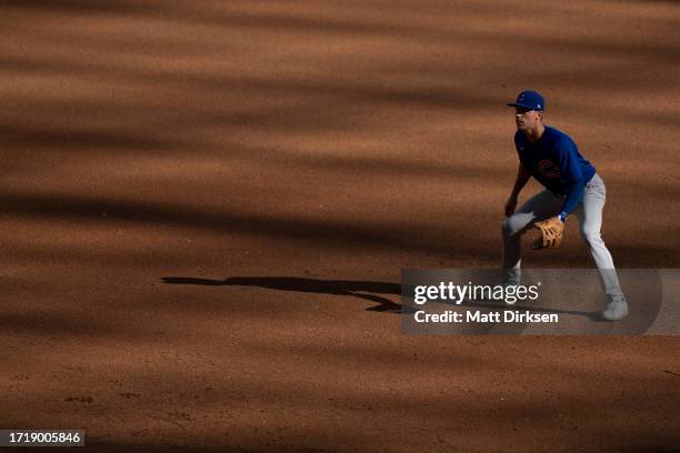 Jared Young of the Chicago Cubs plays first base in a game against the Milwaukee Brewers at American Family Fields on October 1, 2023 in Milwaukee,...