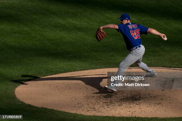 Tyler Duffey of the Chicago Cubs pitches in a game against the Milwaukee Brewers at American Family Fields on October 1, 2023 in Milwaukee, Wisconsin.