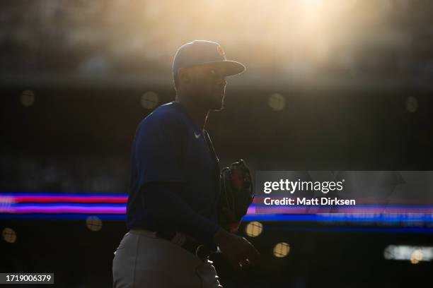 Alexander Canario of the Chicago Cubs exits the field of play in a game against the Milwaukee Brewers at American Family Fields on October 1, 2023 in...