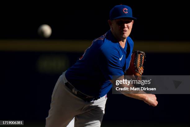 Tyler Duffey of the Chicago Cubs pitches in a game against the Milwaukee Brewers at American Family Fields on October 1, 2023 in Milwaukee, Wisconsin.