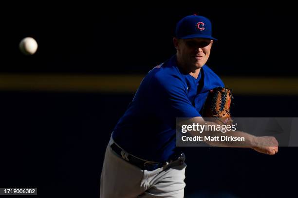 Tyler Duffey of the Chicago Cubs pitches in a game against the Milwaukee Brewers at American Family Fields on October 1, 2023 in Milwaukee, Wisconsin.