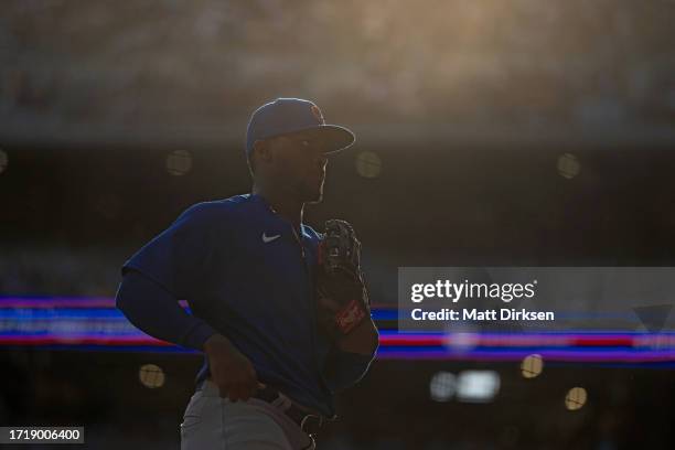 Alexander Canario of the Chicago Cubs exits the field of play in a game against the Milwaukee Brewers at American Family Fields on October 1, 2023 in...