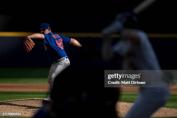 Tyler Duffey of the Chicago Cubs pitches in a game against the Milwaukee Brewers at American Family Fields on October 1, 2023 in Milwaukee, Wisconsin.