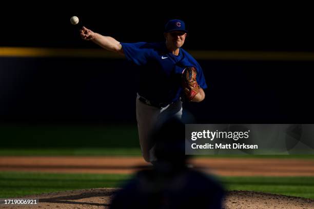 Tyler Duffey of the Chicago Cubs pitches in a game against the Milwaukee Brewers at American Family Fields on October 1, 2023 in Milwaukee, Wisconsin.