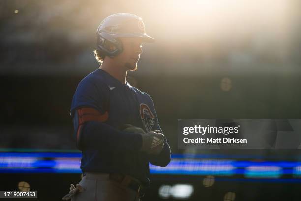 Pete Crow-Armstrong of the Chicago Cubs exits the field of play in a game against the Milwaukee Brewers at American Family Fields on October 1, 2023...