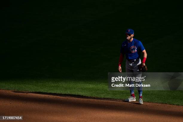 Miles Mastrobuoni of the Chicago Cubs plays second base in a game against the Milwaukee Brewers at American Family Fields on October 1, 2023 in...