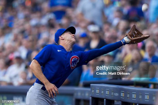 Jared Young of the Chicago Cubs makes a catch in a game against the Milwaukee Brewers at American Family Fields on October 1, 2023 in Milwaukee,...