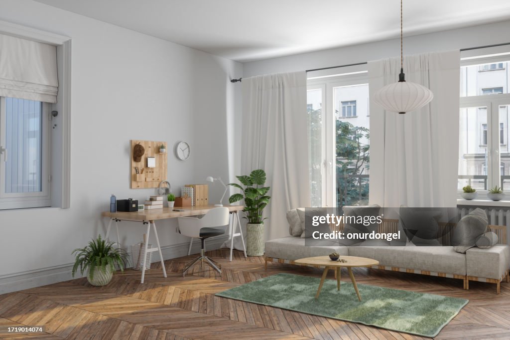 Home Office Interior With Wooden Table, Sofa And Potted Plants. Working At Home