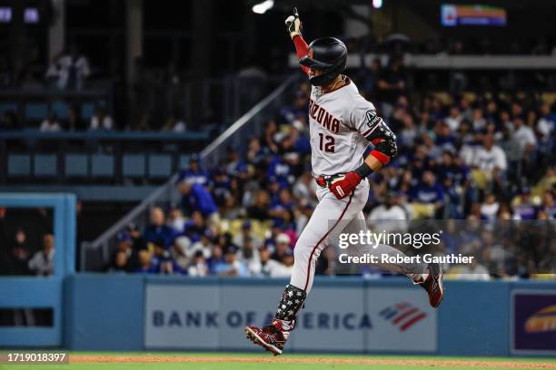 Los Angeles, CA, Monday, October 9, 2023 - Arizona Diamondbacks left fielder Lourdes Gurriel Jr. Circles the bases on a 6th inning homer in game two...