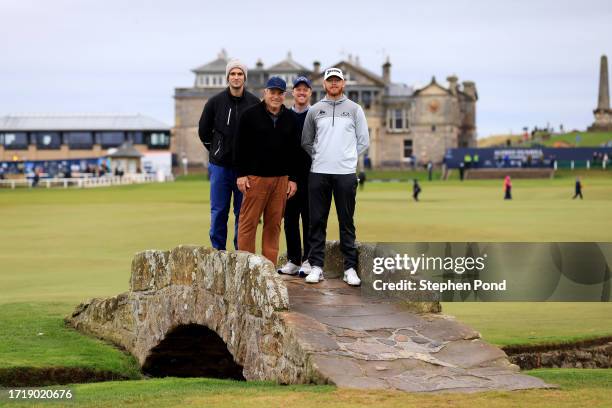 Sebastian Soderberg of Sweden and David Horsey of England pose on the Swilcan Bridge with their playing partners, Founder and CEO of WHOOP, Will...