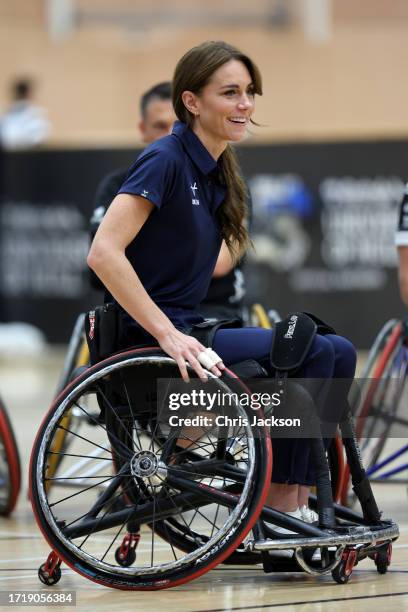 Catherine, Princess of Wales tries her hand at wheelchair rugby and joins a training session facilitated by members of the world-cup winning England...