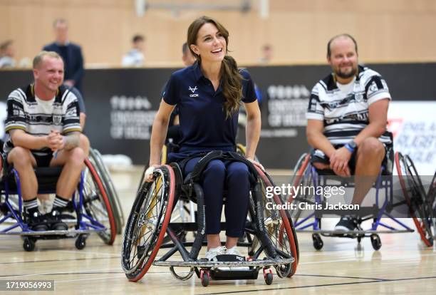 Catherine, Princess of Wales tries her hand at wheelchair rugby and joins a training session facilitated by members of the world-cup winning England...