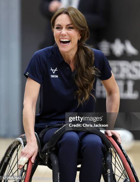 Catherine, Princess of Wales tries her hand at wheelchair rugby and joins a training session facilitated by members of the world-cup winning England...