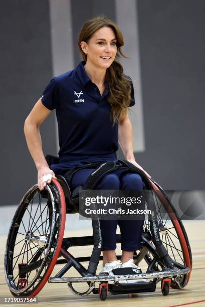 Catherine, Princess of Wales tries her hand at wheelchair rugby and joins a training session facilitated by members of the world-cup winning England...