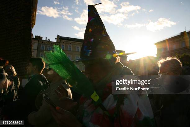 Witch rally at the Town Hall Tower on the Main Square on October 8, 2023 in Krakow, Poland. Before the end of the election campaign, a Witches' Rally...