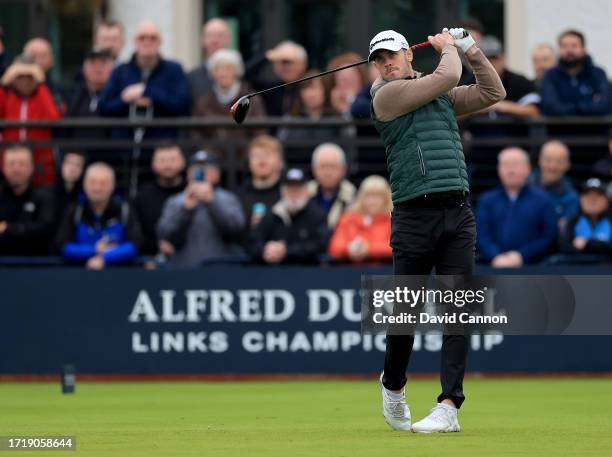 Gareth Bale of Wales the former international soccer player plays his second shot on the first hole during the first round of the Alfred Dunhill...